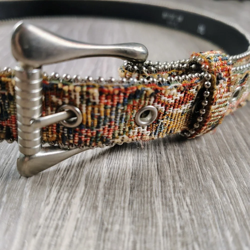 Tapestry Belt Beaded Trim Silver Buckle ML Boho Cottagecore‎ USA Made